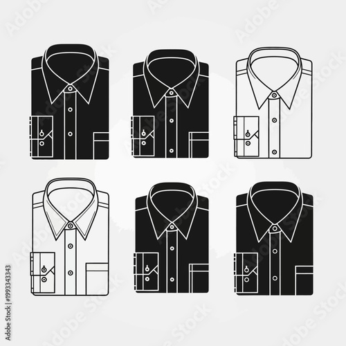 Set of Folded Men's Dress Shirts Icons: Black and White Styles