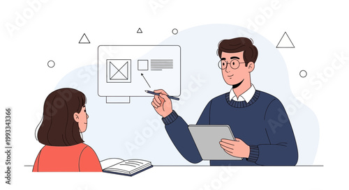 Teacher explaining ux ui design on screen to student, online learning, digital class