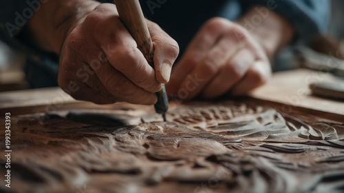 Woodcarver carving intricate pattern on board with chisel. Artisan shaping design in wood. Hands of man working in carpentry workshop. Traditional craftsmanship and creative handmade art.