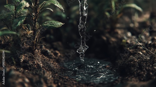 Water pouring onto soil near green plant. Irrigation in garden for plant growth. Nature hydration and earth moisture concept. Sustainable agriculture and environmental ecology theme.