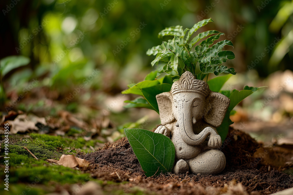 Fototapeta premium Eco-friendly Ganesha idol in garden setting for sustainable celebration.