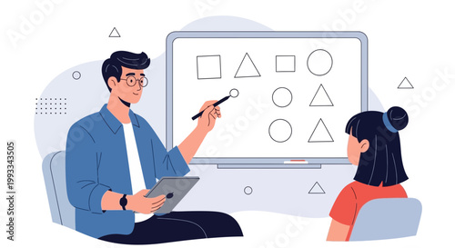 Teacher explaining geometric shapes to a student on a whiteboard, education concept