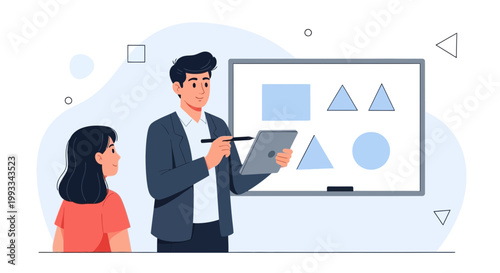 Teacher explaining geometric shapes to a student on a whiteboard, education concept