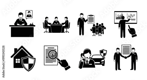 Business Icons Set: Meeting, Presentation, Insurance, Real Estate, Analysis, Customer Service