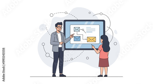 Teacher explaining flowchart on screen to student, digital education concept