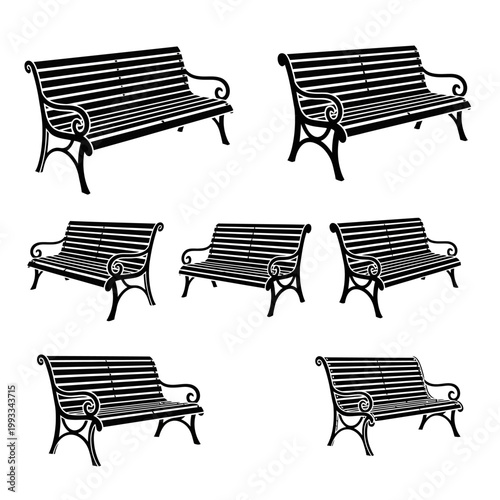 Collection of Vintage Park Benches, Outdoor Seating, Black and White