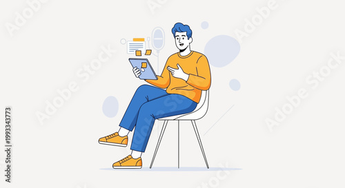 Man sitting on chair with tablet, working on project, digital content creation concept