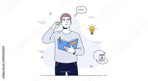 Man Thinking with Book and Lightbulb Idea Symbol
