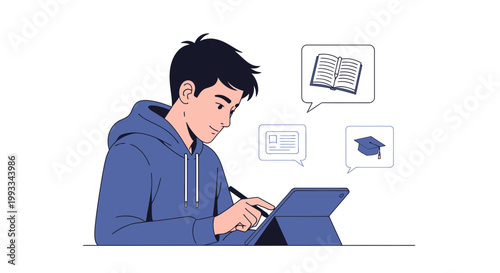 Student learning online with tablet, digital education, book, graduation cap icons
