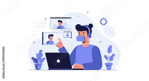 Man wearing mask and headphones on video call, working remotely on laptop