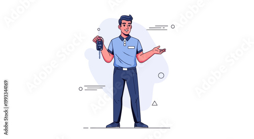 Smiling man in blue uniform holding car keys, offering service