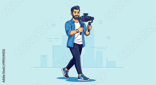Man with Camera and Gimbal Walking in City