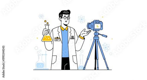 Scientist Filming Experiment with Flask and Camera on Tripod