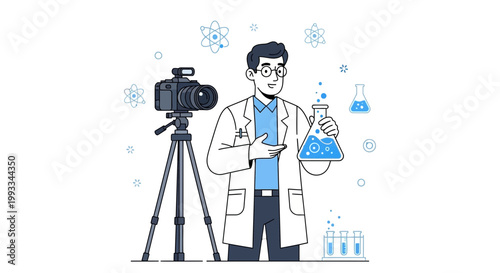 Scientist filming experiment in lab with camera on tripod, science concept
