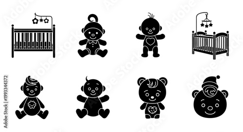 Baby Icons: Cribs, Dolls, Teddy Bear, and Newborn Silhouette Set