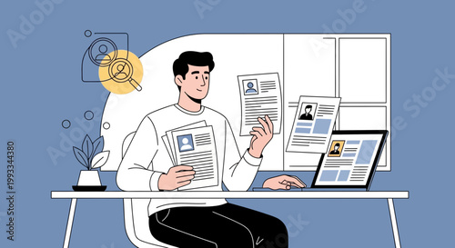 Recruitment specialist reviewing resumes on laptop, hiring process concept