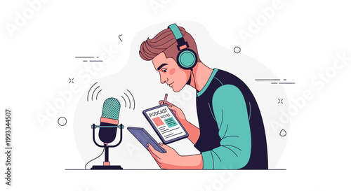 Man with headphones recording podcast with microphone and tablet, digital content creation