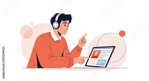 Man with headphones learning online, pointing at laptop screen, remote education concept