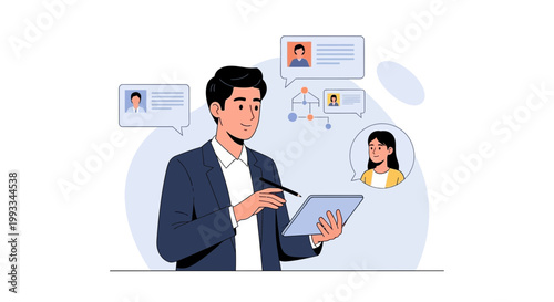 Recruitment manager using tablet to review candidate profiles online, HR concept