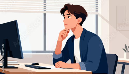 Young man sits at desk, thoughtful, hand on chin