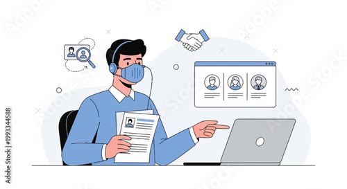 Recruitment agent in mask points at laptop screen with candidate profiles and resume
