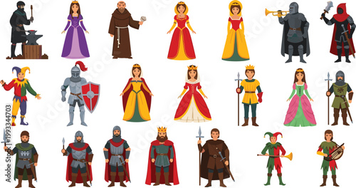 Medieval Fantasy Character Collection Featuring Knights Kings Queens Jesters Monks and Warriors for Historical and RPG Illustration Design.