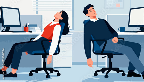 Two people nap in office chairs