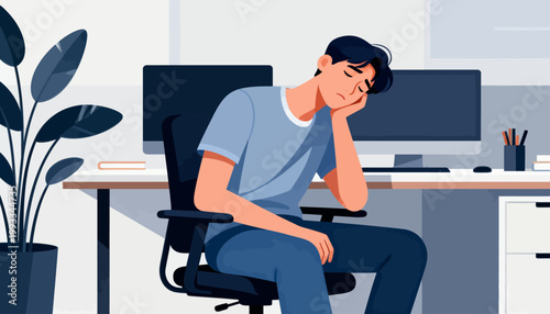 Young man slumps at desk, eyes closed, hand on forehead
