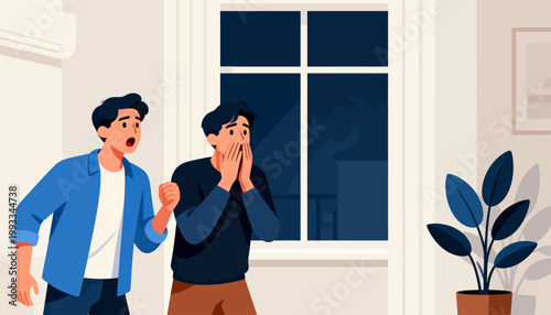 Two men stand before a window at night