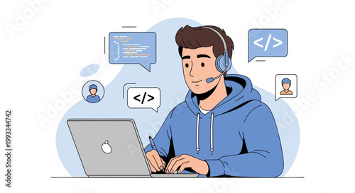 Programmer with headset coding on laptop, virtual communication, software development concept