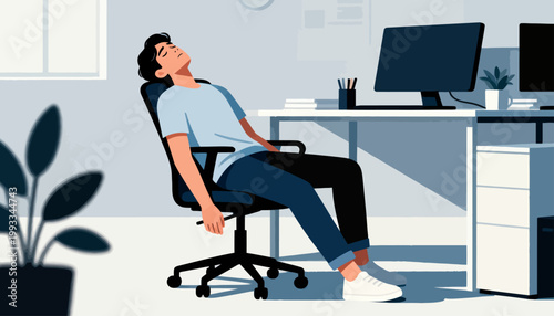Man rests in office chair, eyes closed
