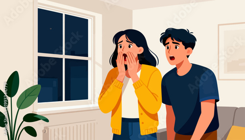 Two people gasp in surprise inside a cozy room