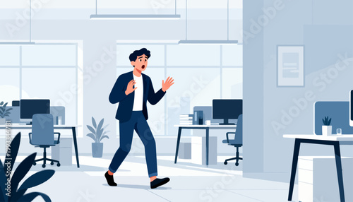 Man strides confidently through modern office space