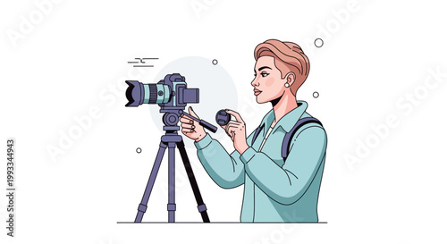 Photographer Adjusting Camera Lens on Tripod, Creative Hobbyist