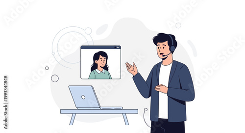 Man with headset on video call, laptop on desk, online communication concept