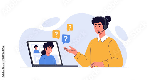 Online support agent with headset helping customer via video call, questions and answers