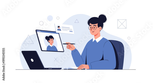 Online meeting, remote work, woman in video call, laptop, digital communication, modern workspace