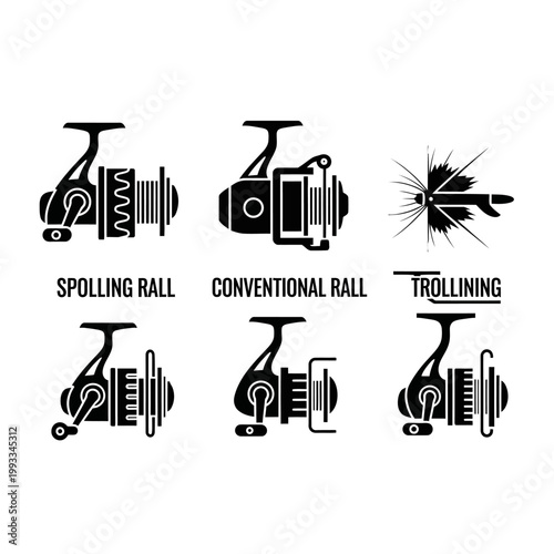 Set of Fishing Reel Icons: Spooling, Conventional, Trolling