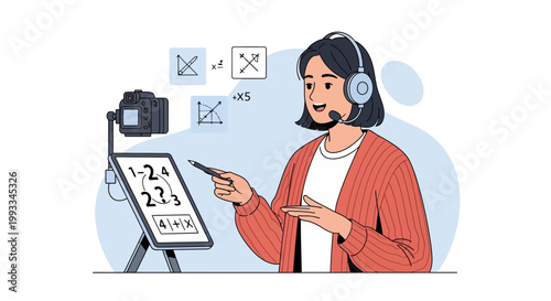 Online Math Teacher with Tablet and Camera Teaching Lesson