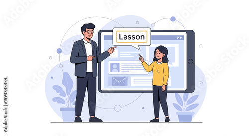 Online lesson: Teacher and student interact with digital learning on tablet