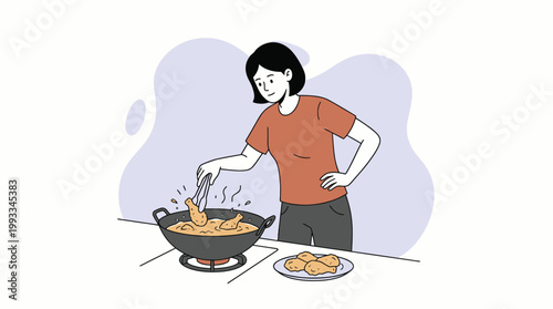 Woman Frying Crispy Fried Chicken Drumsticks in Hot Oil Pan for Dinner