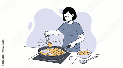 Young Woman Frying Crispy Fried Chicken Drumsticks in Hot Oil in a Fry