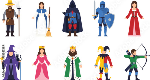 Medieval Fantasy Character Set Featuring Wizard King Queen Knight Archer Jester and Peasant for RPG and Fairy Tale Illustration Design.