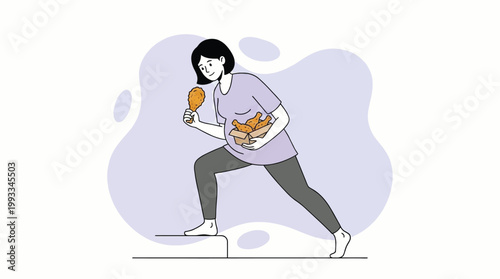 Vector illustration of a hungry pregnant woman holding a box of delici