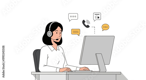 Woman Wearing Headset at Desk.