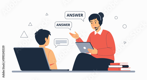 Online Learning: Student receives answer from tutor via video call and laptop