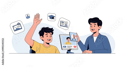 Online Learning: Student Raising Hand, Teacher on Video Call, Education Icons
