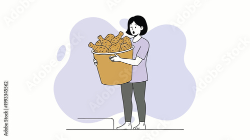Excited Woman Holding a Jumbo Bucket of Crispy Fried Chicken Drumstick