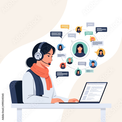 Woman Wearing Headset Using Laptop Computer.