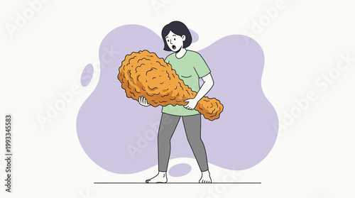 Young Woman Holding Giant Jumbo Fried Chicken Drumstick Illustration V